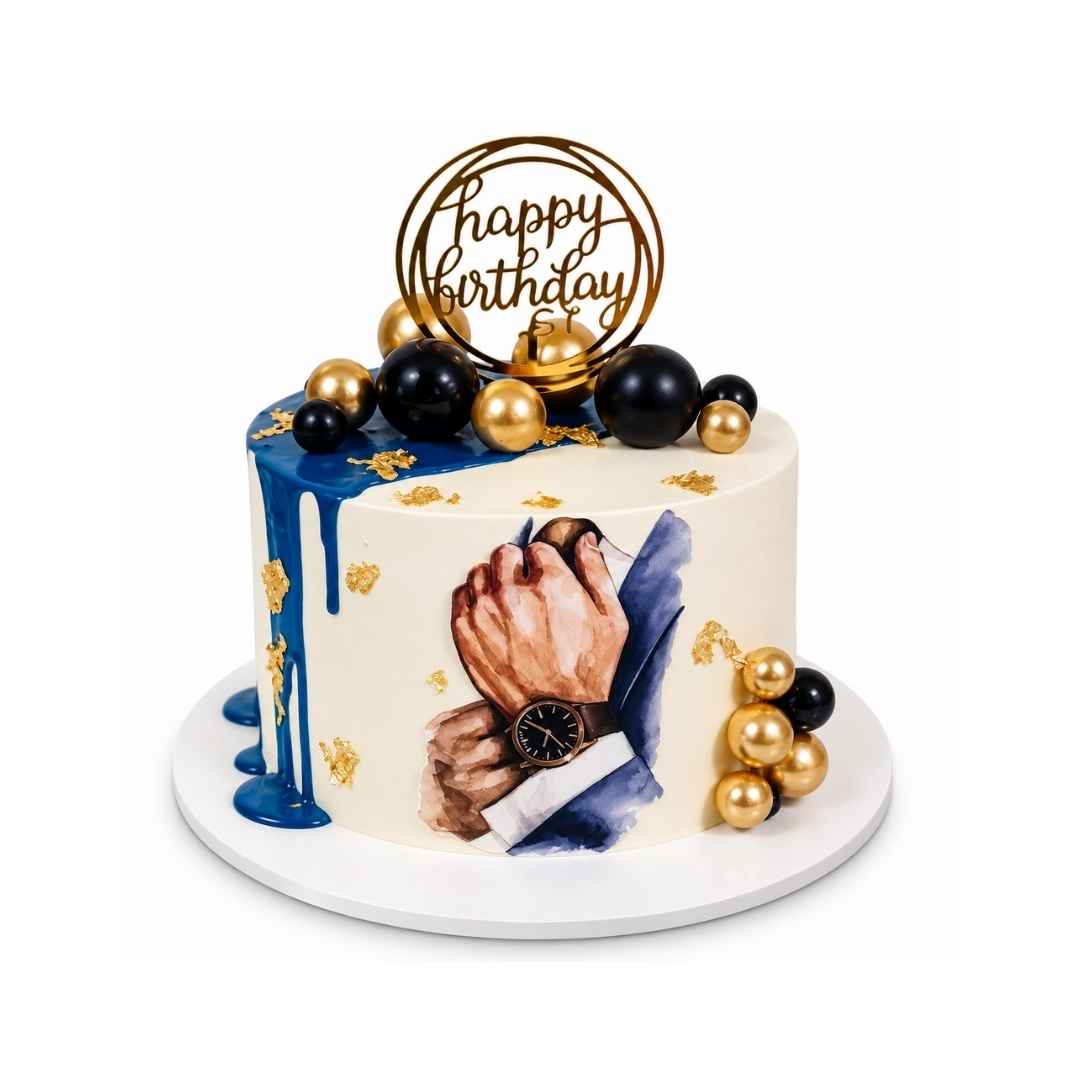 Elegant Blue and Gold Birthday Cake