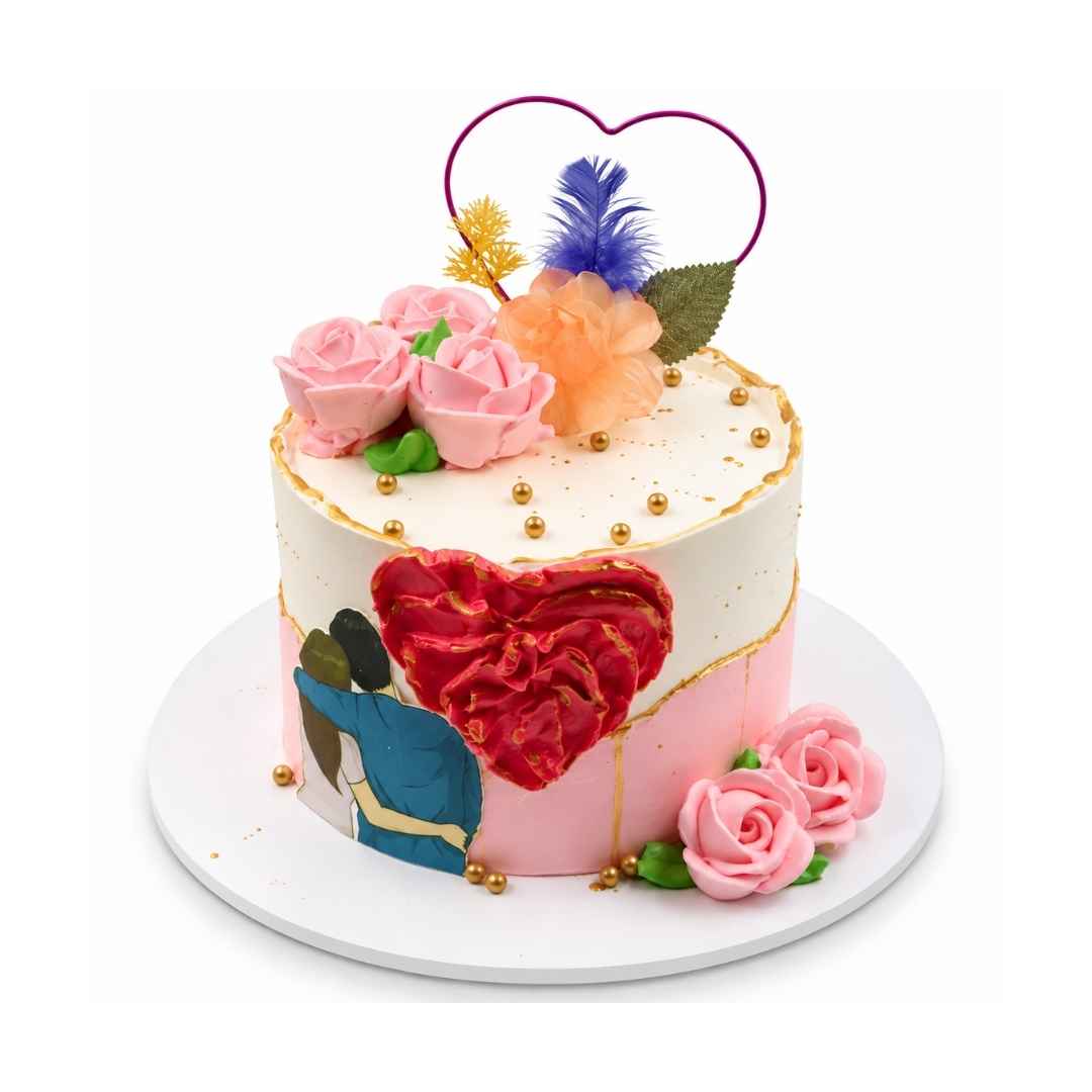 Romantic Heart & Rose Couple Cake