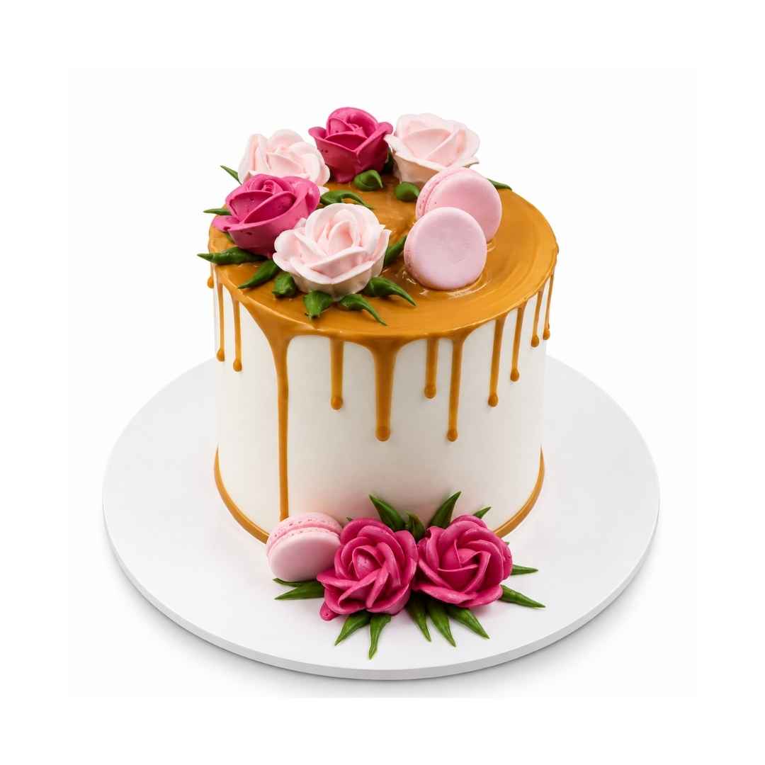 Rose & Macaron Floral Cake